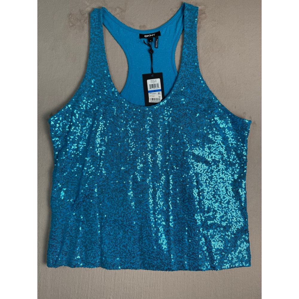 DKNY Tank Top Women XL Turquoise NWT Sequin Racerback 4th of July Party Glam
